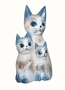 Famiglia gatti legno esotico colorati, soprammobile
